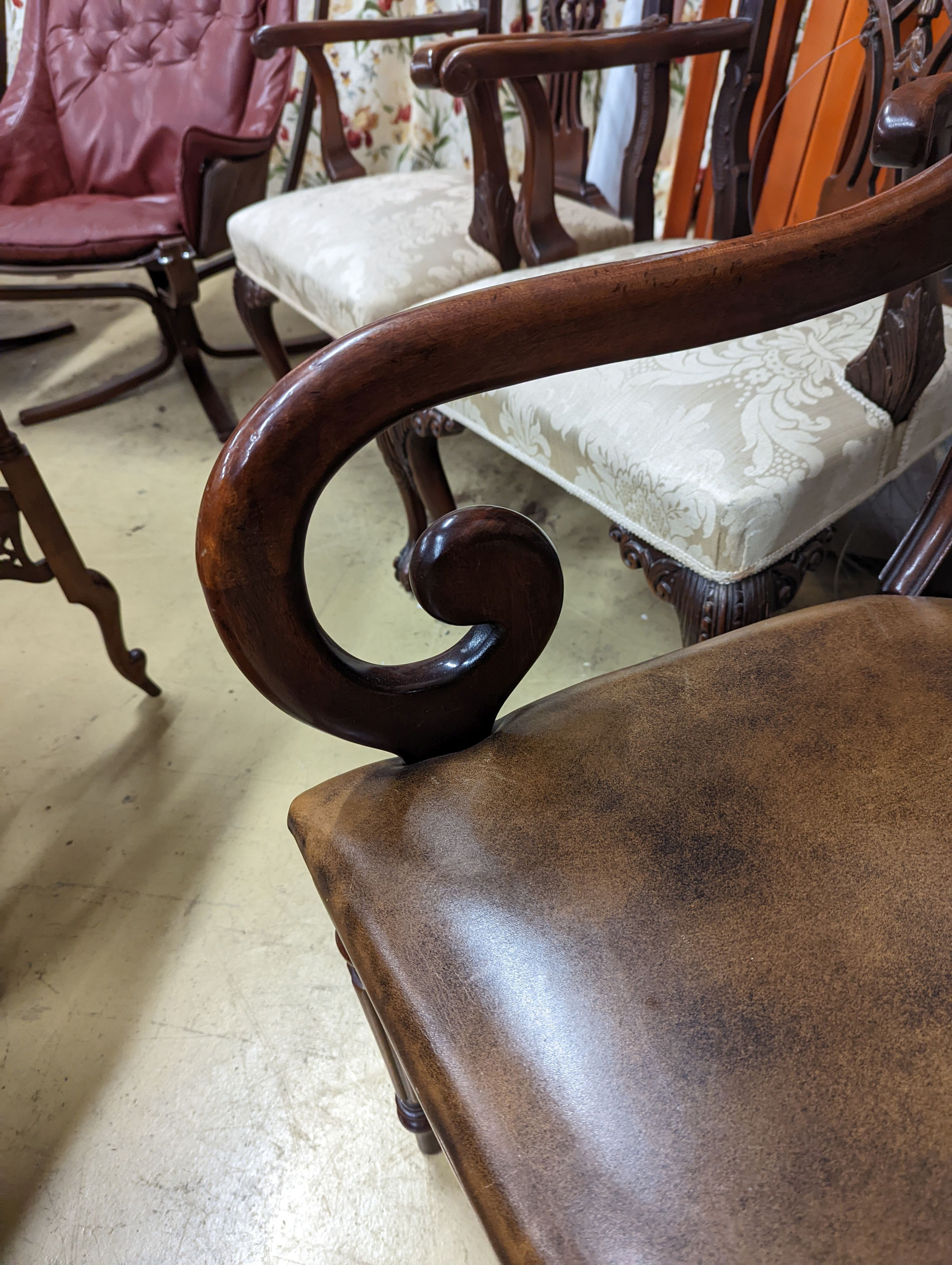 A Regency design mahogany elbow chair, width 54cm, depth 46cm, height 89cm